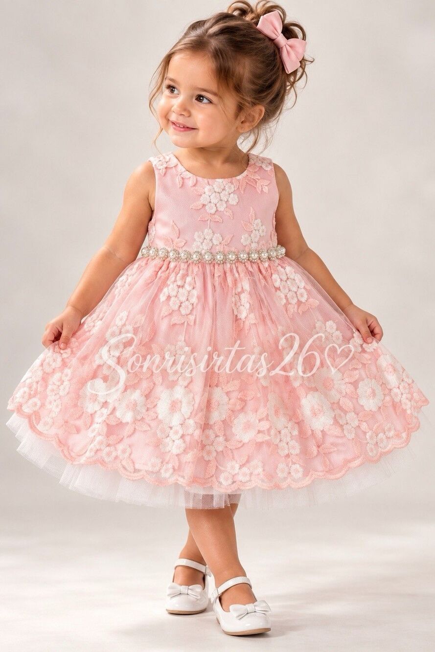 American Princess Baby Girl Dress 12M Pink Floral Embroidered Pearl Tulle Party
